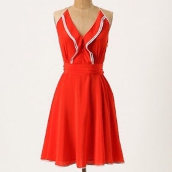 ANTHROPOLOGIE GIRL FROM SAVOY MITSY RUFFLE HALTER 100% SILK DRESS RED 4 NWT - Picture 1 of 9